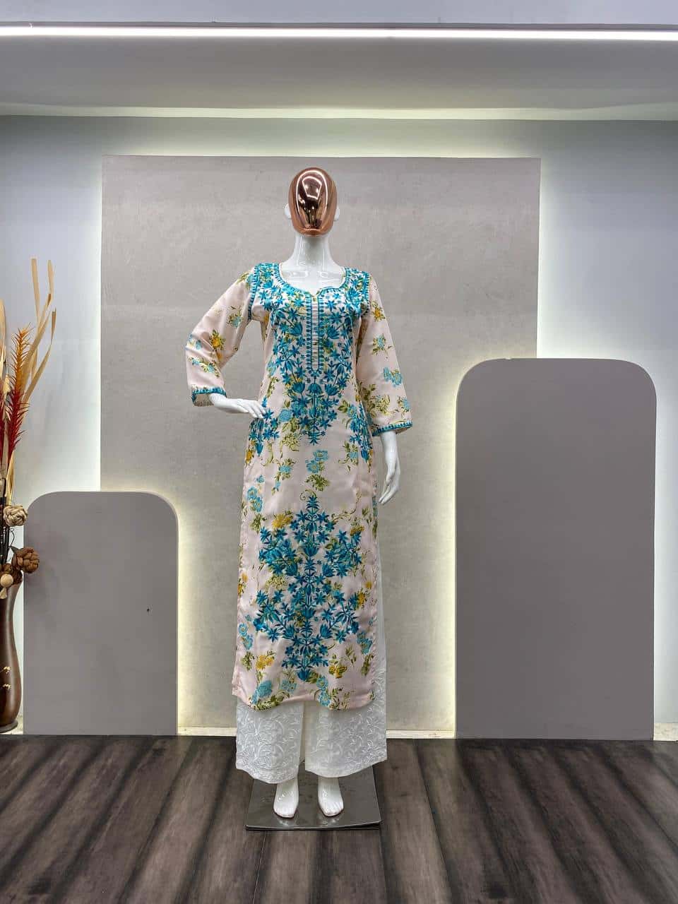Thread and hand embroidered rayon kurta with palazzo sets