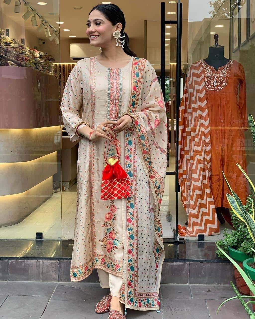 Women's designer printed and embroidered satin silk straight kurta pant with dupatta sets