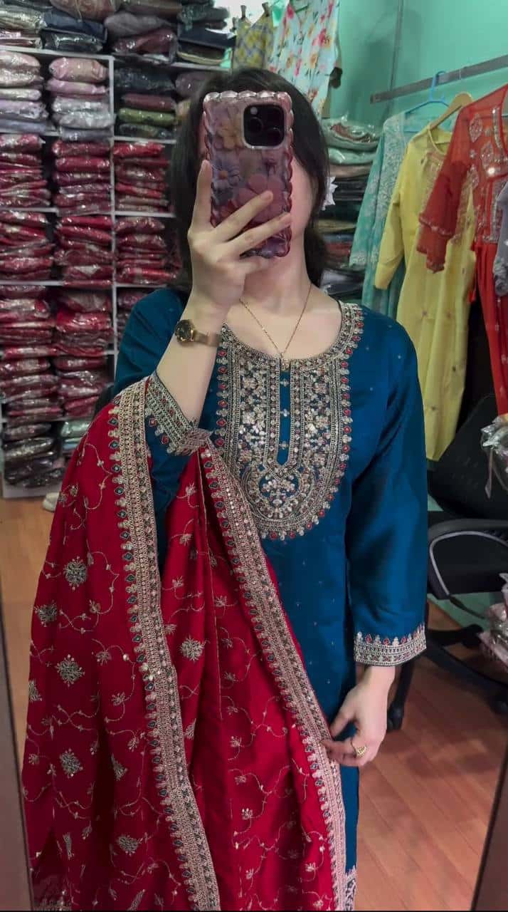 Pure heavy chinnon silk kurta palazzo suit sets