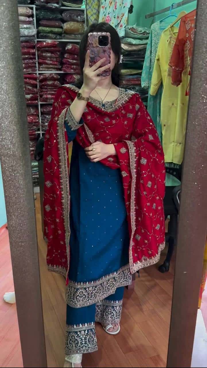 Pure heavy chinnon silk kurta palazzo suit sets