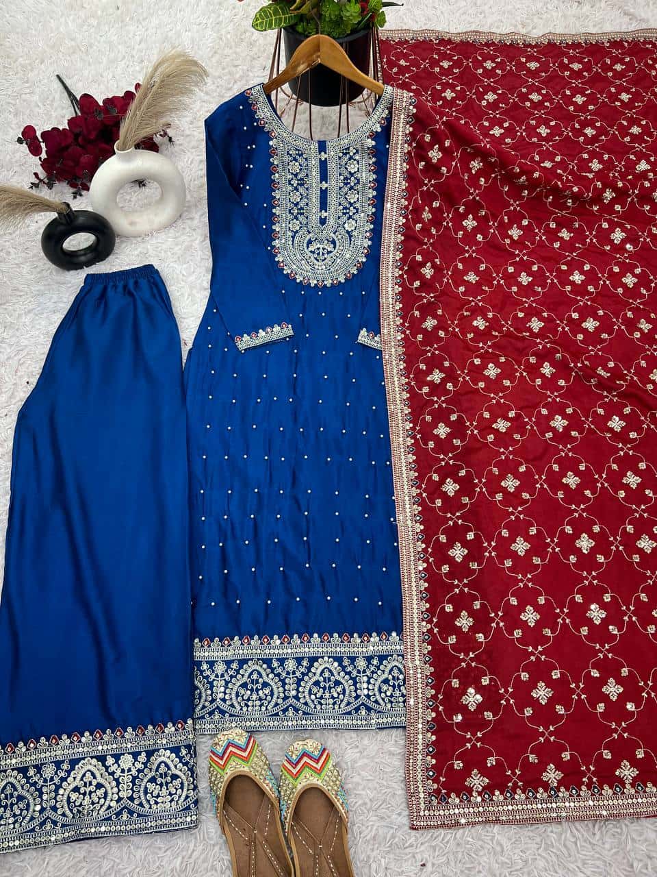Pure heavy chinnon silk kurta palazzo suit sets