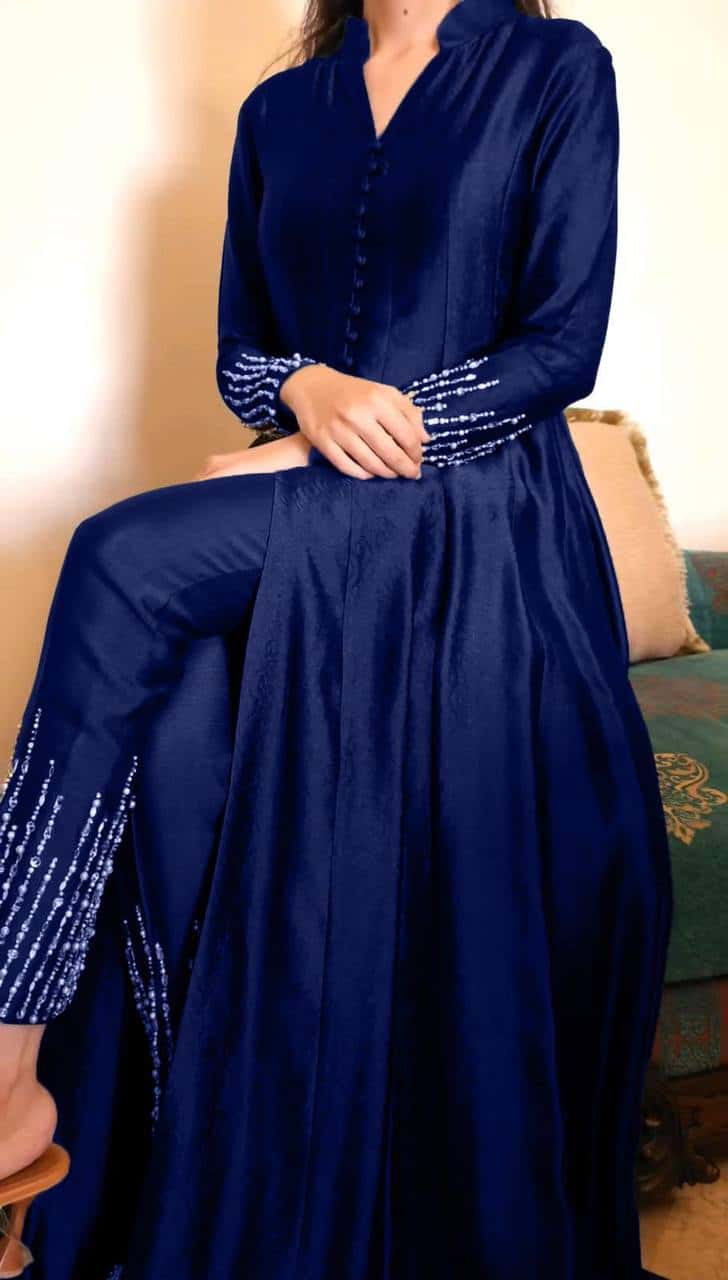 Thread work front cut silk fabric kurta pent sets