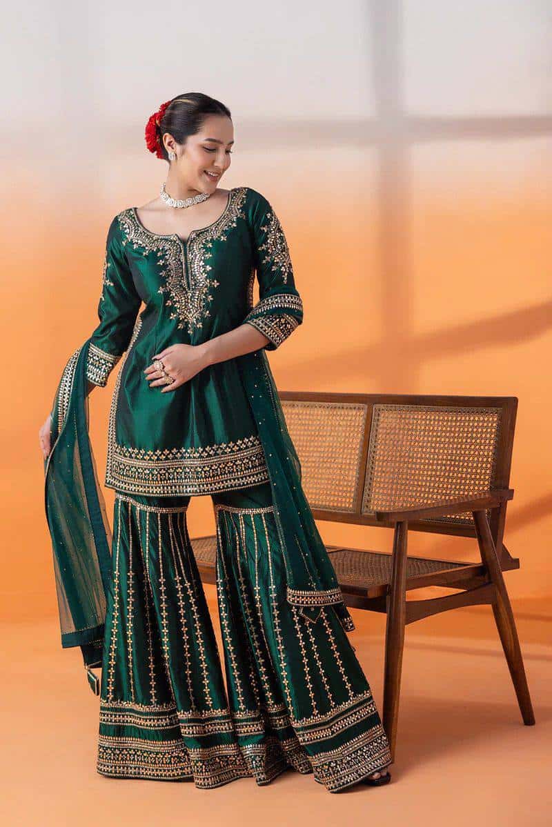 Heavy embroidered chinnon silk kurta sharara with net dupatta sets