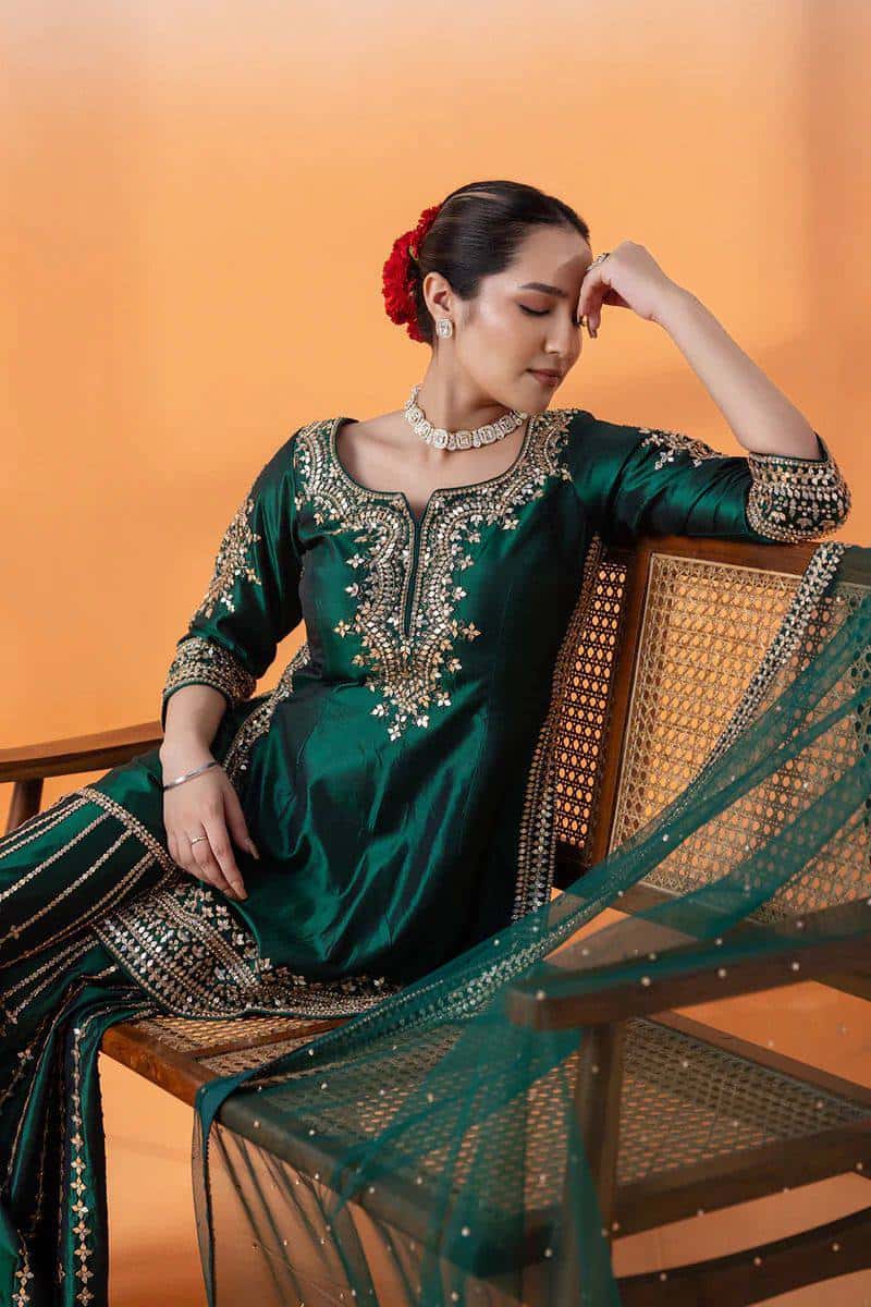Heavy embroidered chinnon silk kurta sharara with net dupatta sets