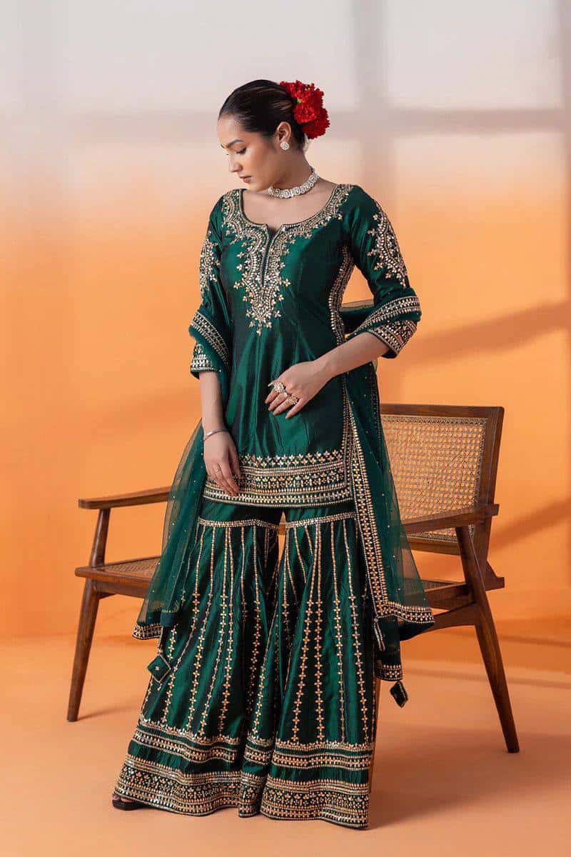 Heavy embroidered chinnon silk kurta sharara with net dupatta sets