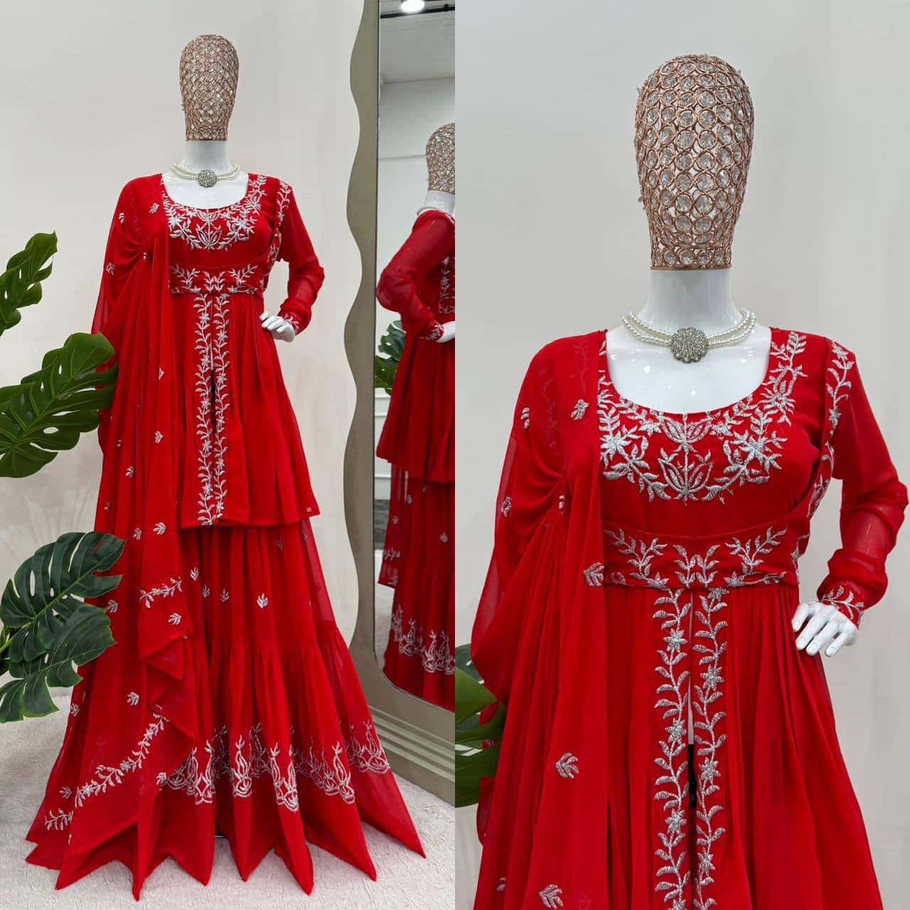 Women's designer Red front cut thread work kurta sharara sets