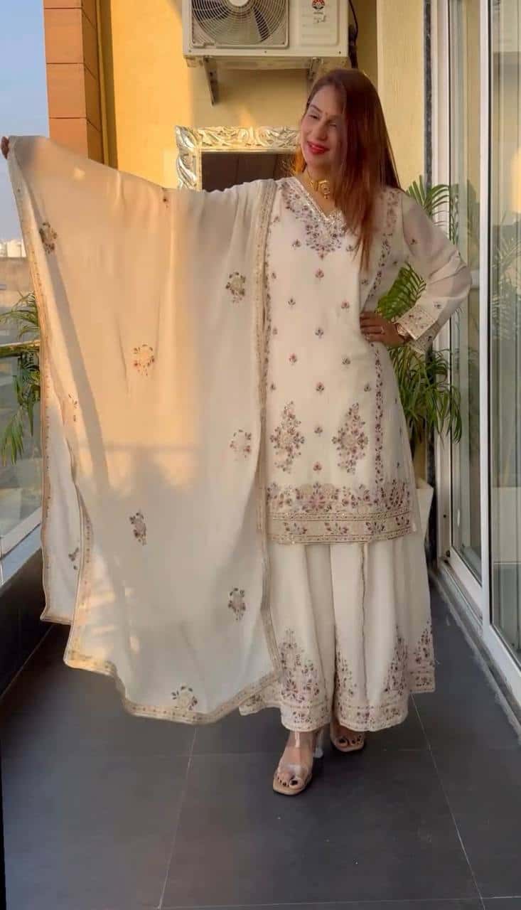 Women's designer heavy chinnon silk hand embroidered kurta palazzo with dupatta sets
