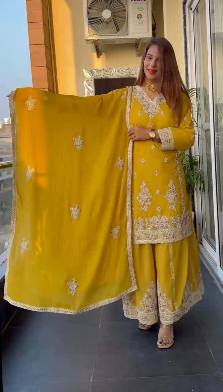 Women's designer heavy chinnon silk hand embroidered kurta palazzo with dupatta sets