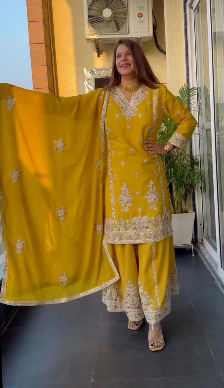 Women's designer heavy chinnon silk hand embroidered kurta palazzo with dupatta sets