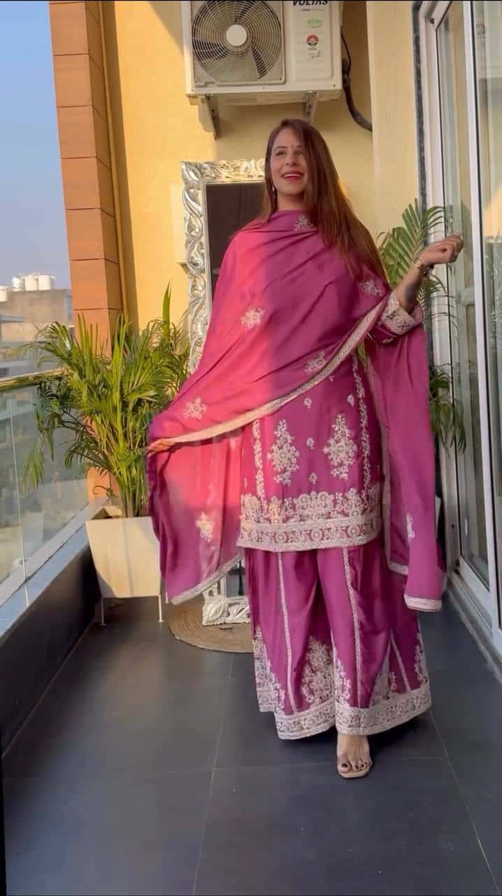 Women's designer heavy chinnon silk hand embroidered kurta palazzo with dupatta sets