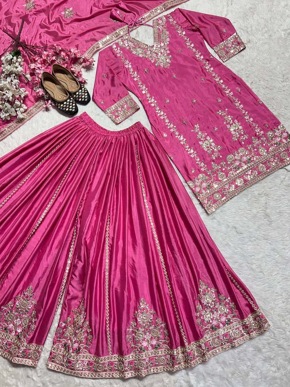Women's designer heavy chinnon silk hand embroidered kurta palazzo with dupatta sets
