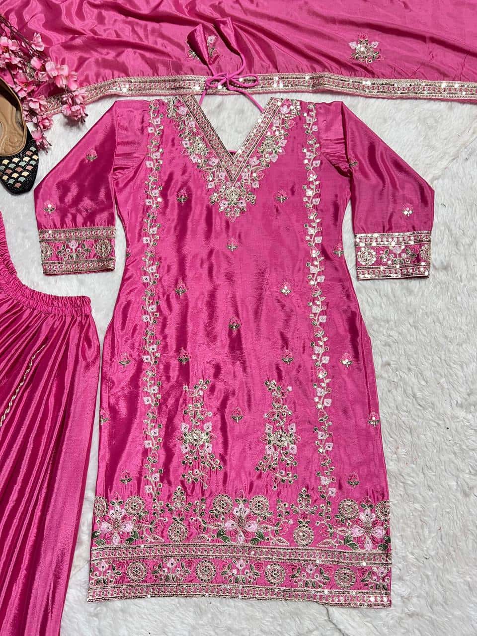Women's designer heavy chinnon silk hand embroidered kurta palazzo with dupatta sets