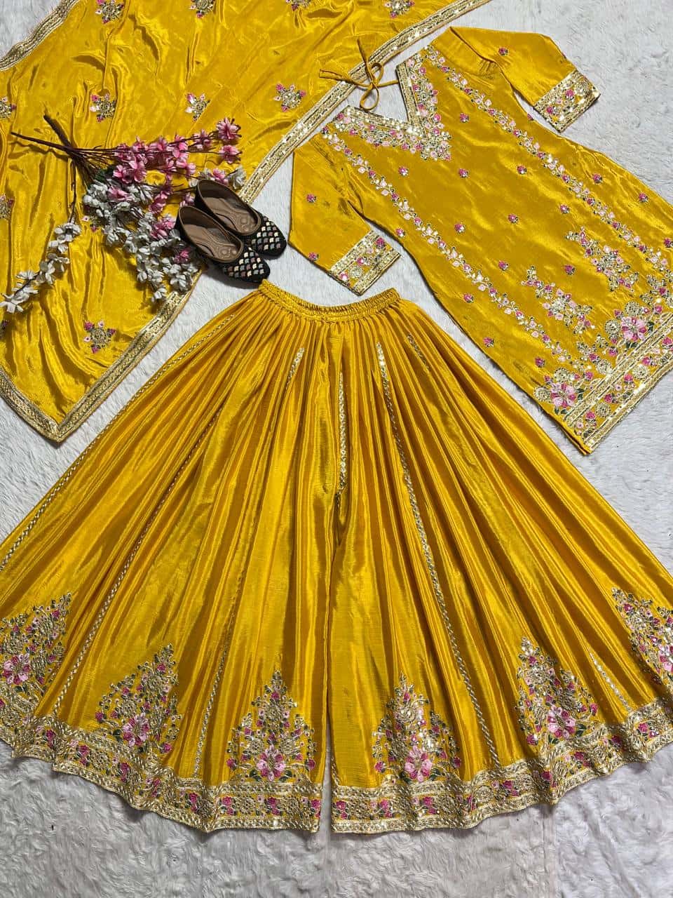 Women's designer heavy chinnon silk hand embroidered kurta palazzo with dupatta sets