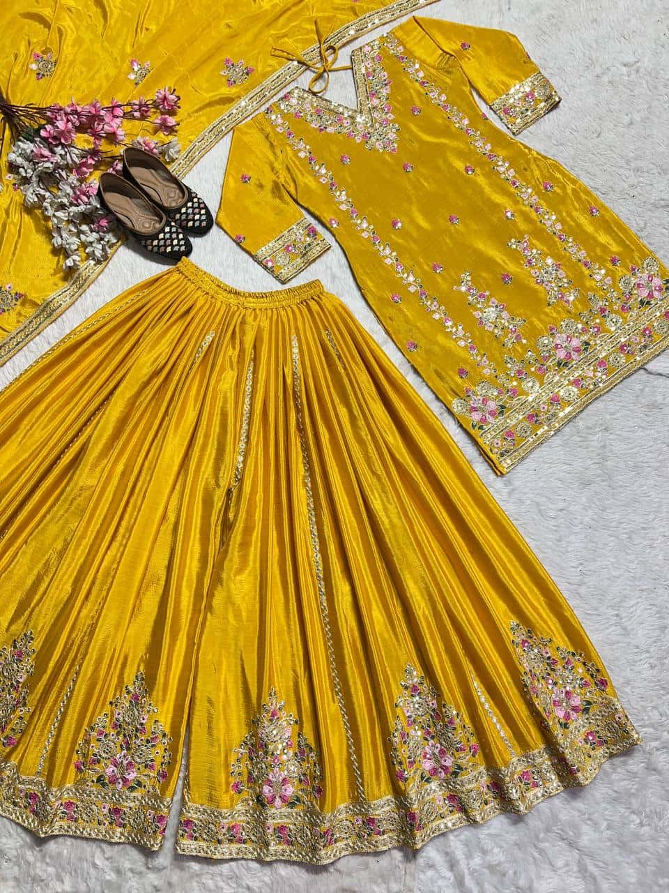 Women's designer heavy chinnon silk hand embroidered kurta palazzo with dupatta sets