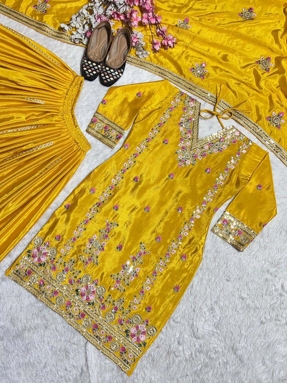 Women's designer heavy chinnon silk hand embroidered kurta palazzo with dupatta sets