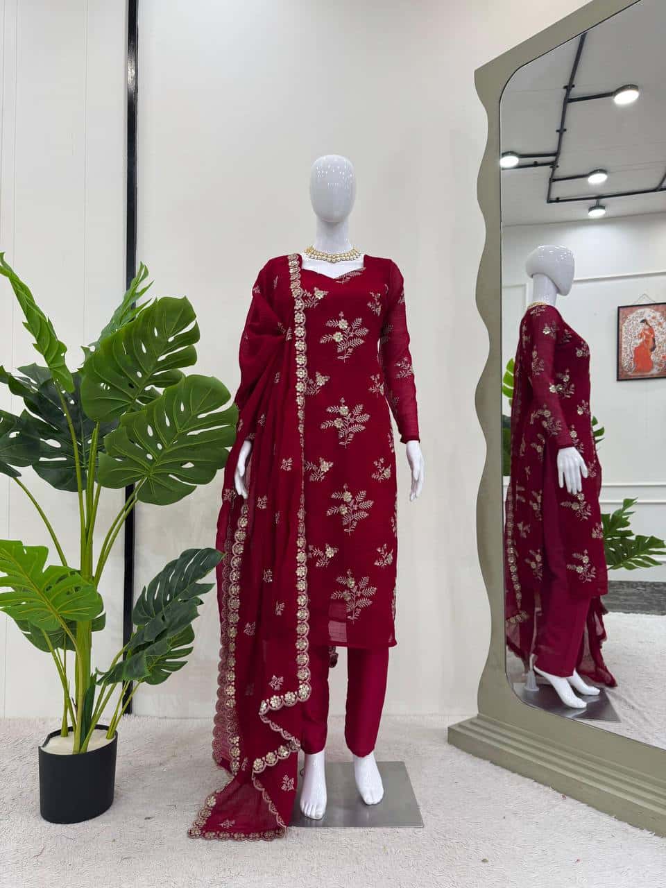 Women's designer Crunchy Silk thread and handwork kurta sets