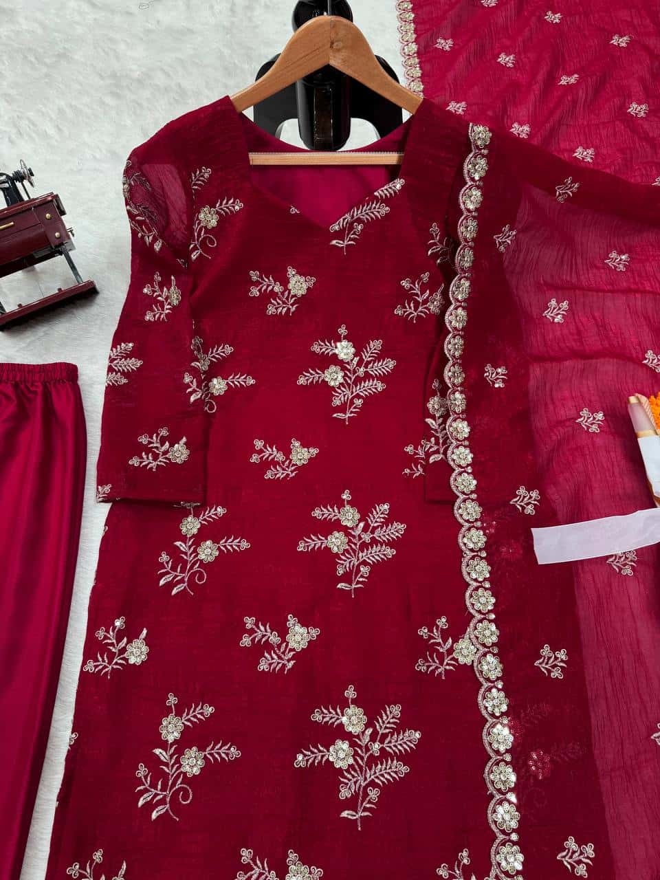 Women's designer Crunchy Silk thread and handwork kurta sets