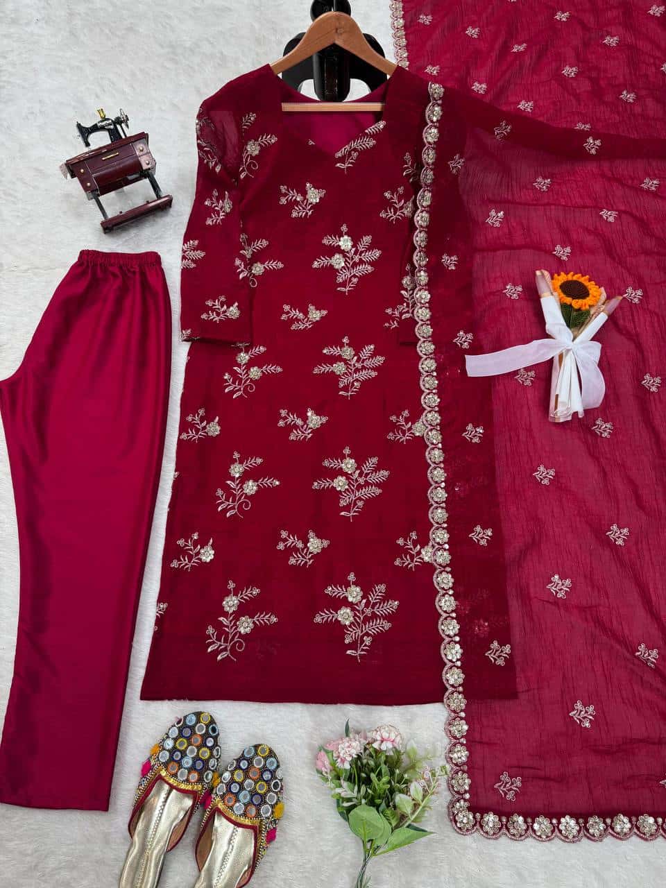 Women's designer Crunchy Silk thread and handwork kurta sets
