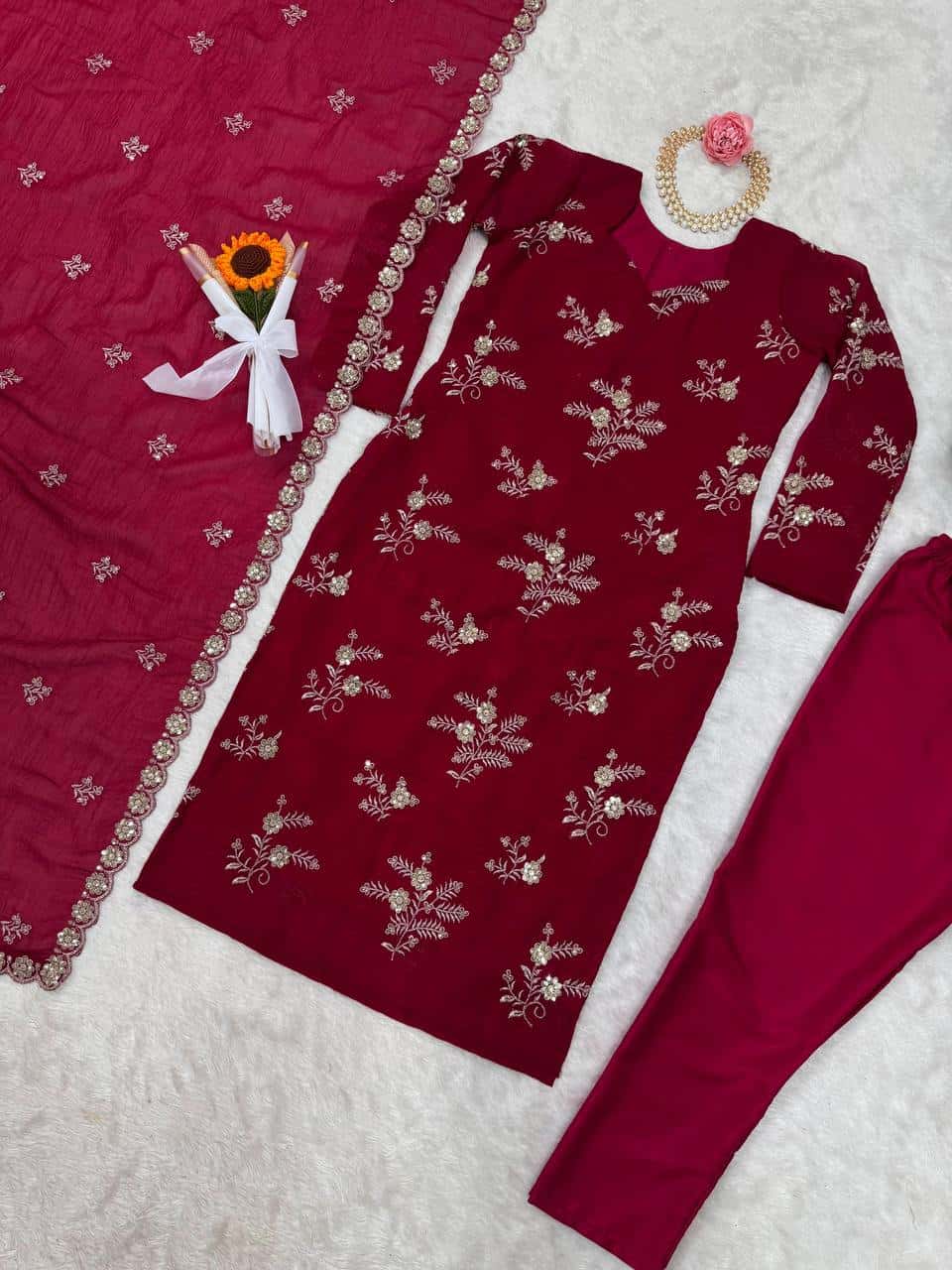 Women's designer Crunchy Silk thread and handwork kurta sets