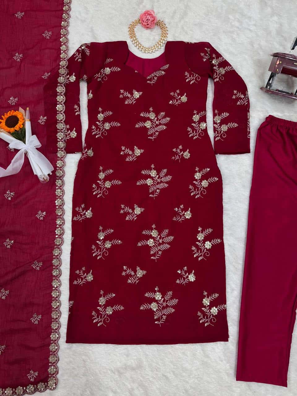 Women's designer Crunchy Silk thread and handwork kurta sets