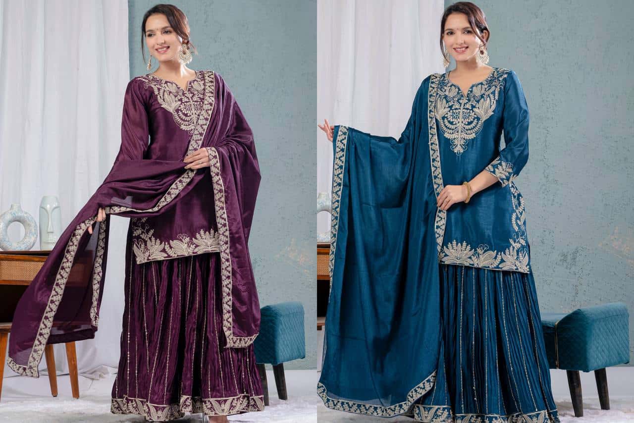 Chinnon silk kurta sharara set for women for wedding wear