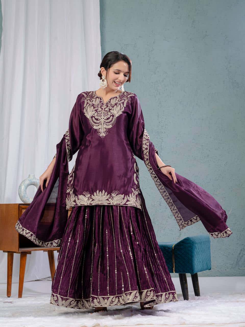Chinnon silk kurta sharara set for women for wedding wear