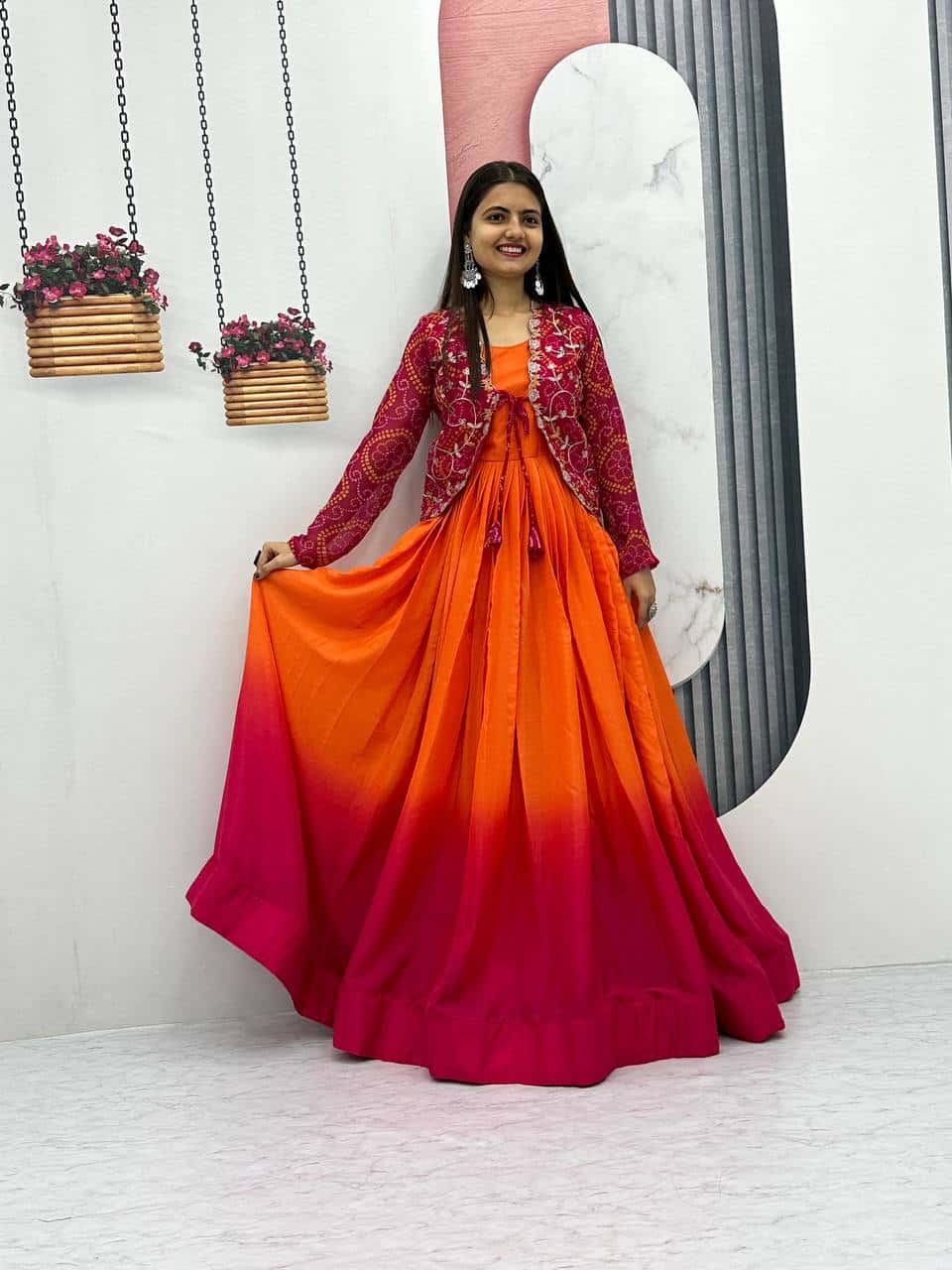 Designer silk gown with bandhej jacket for wedding wear