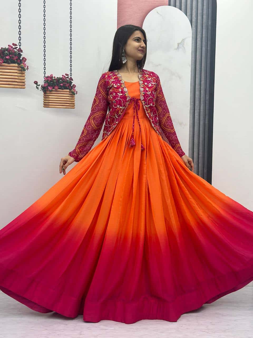 Designer silk gown with bandhej jacket for wedding wear