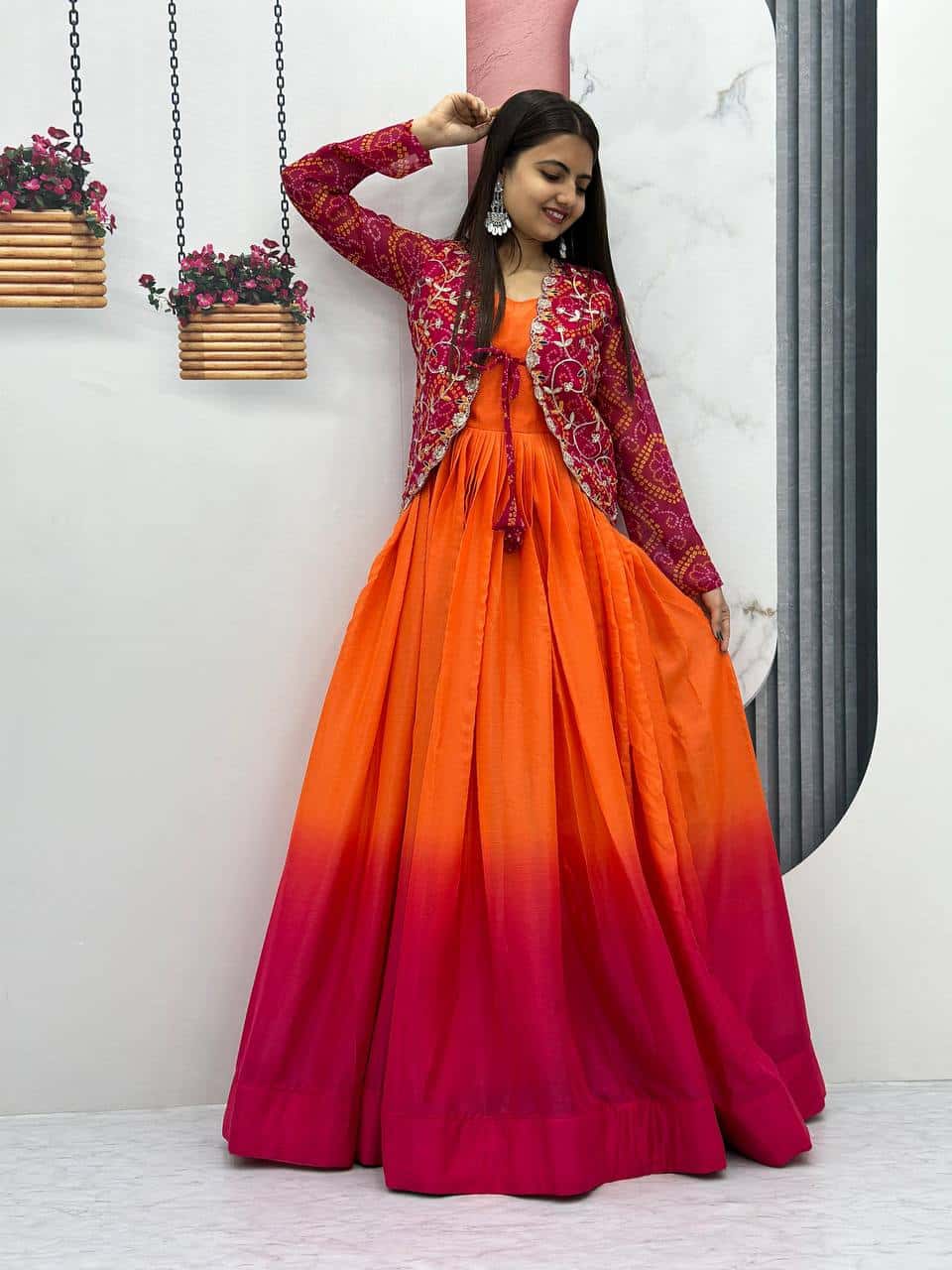 Designer silk gown with bandhej jacket for wedding wear