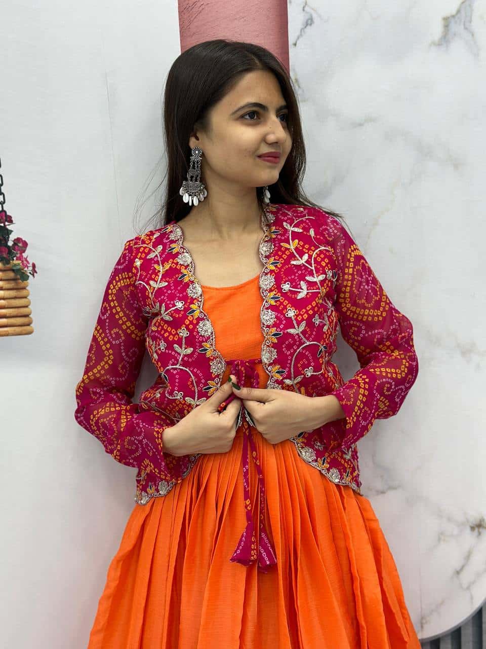 Designer silk gown with bandhej jacket for wedding wear