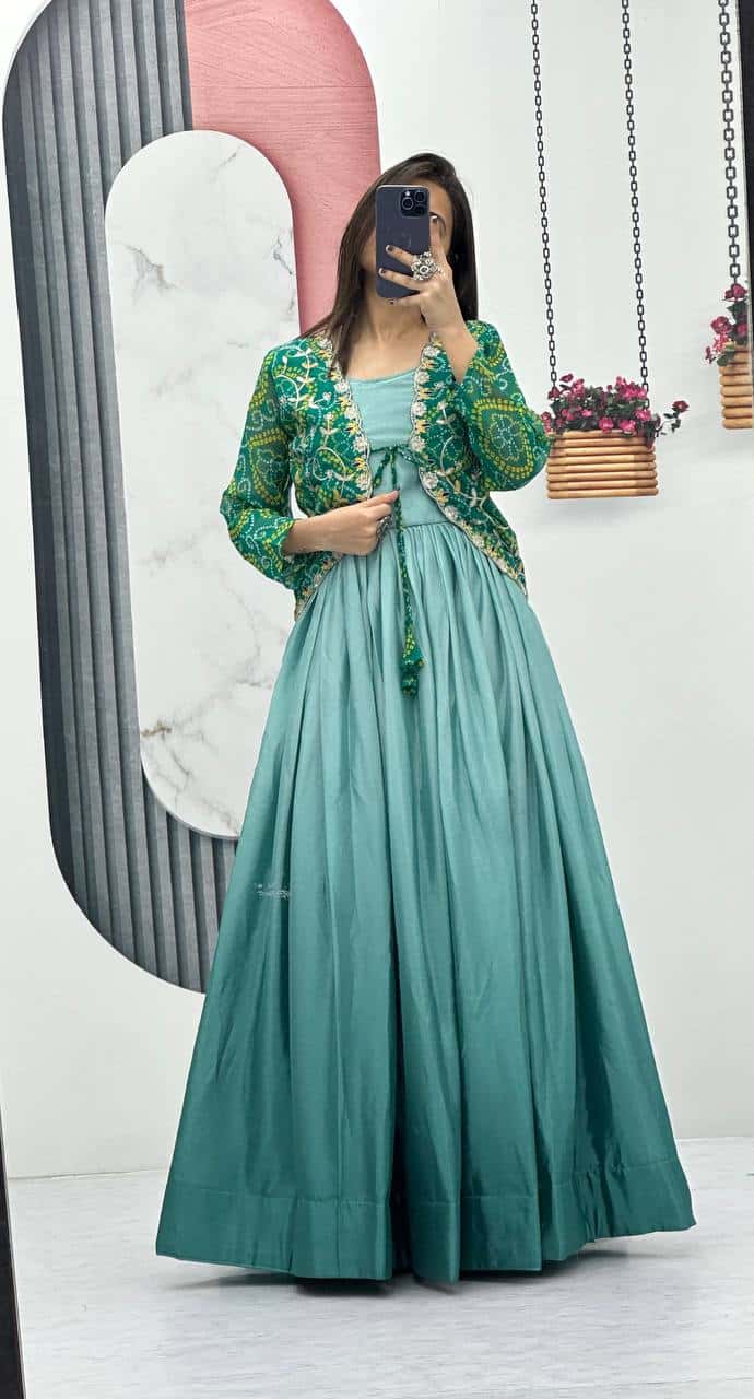 Designer silk gown with bandhej jacket for wedding wear