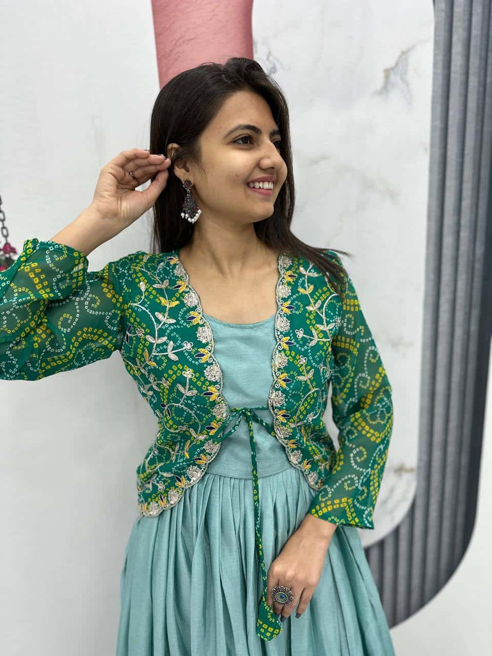 Designer silk gown with bandhej jacket for wedding wear