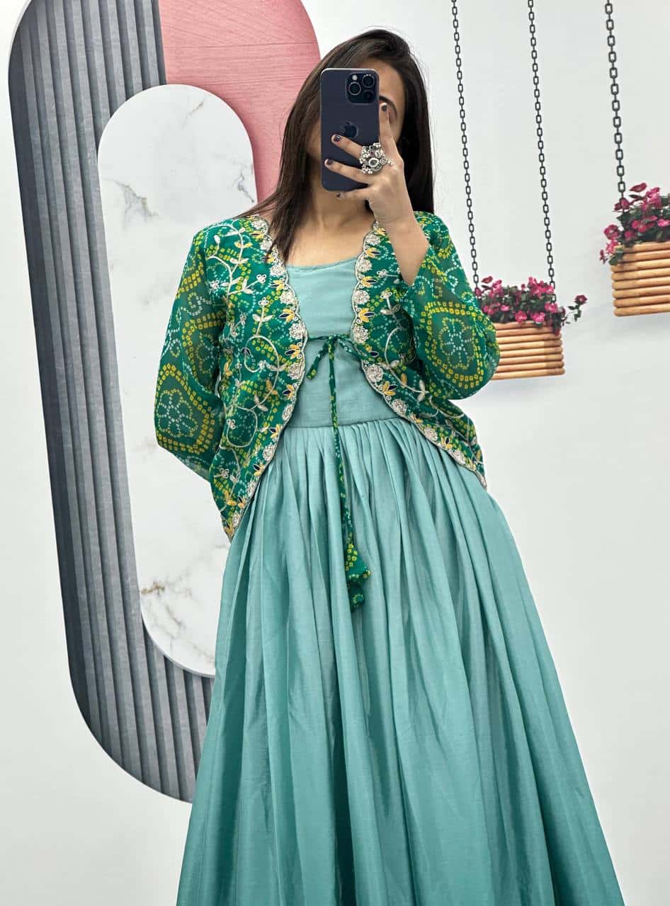 Designer silk gown with bandhej jacket for wedding wear