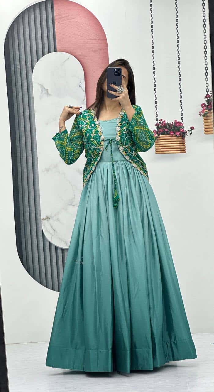 Designer silk gown with bandhej jacket for wedding wear