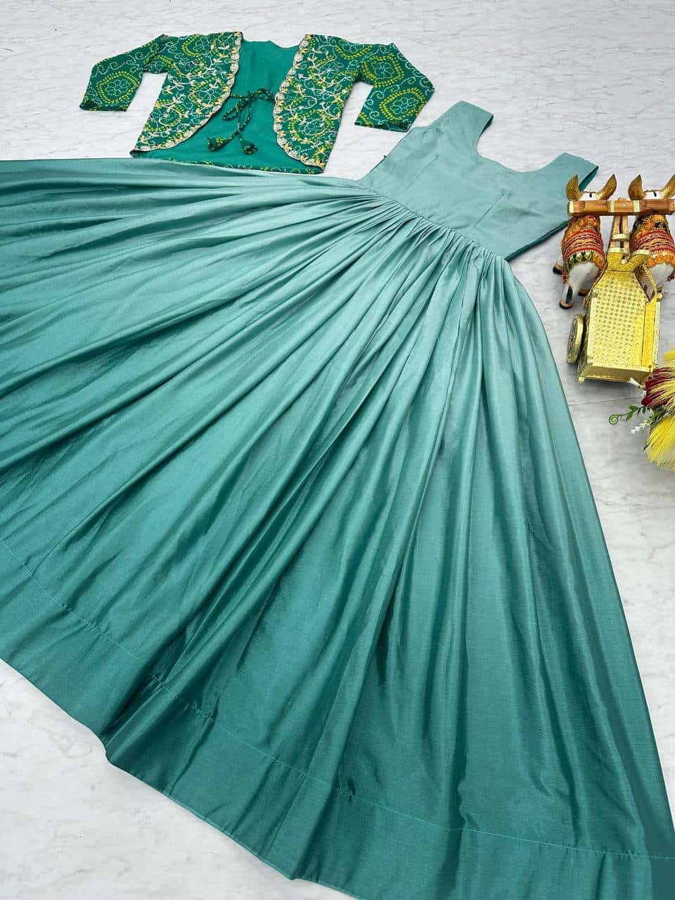 Designer silk gown with bandhej jacket for wedding wear