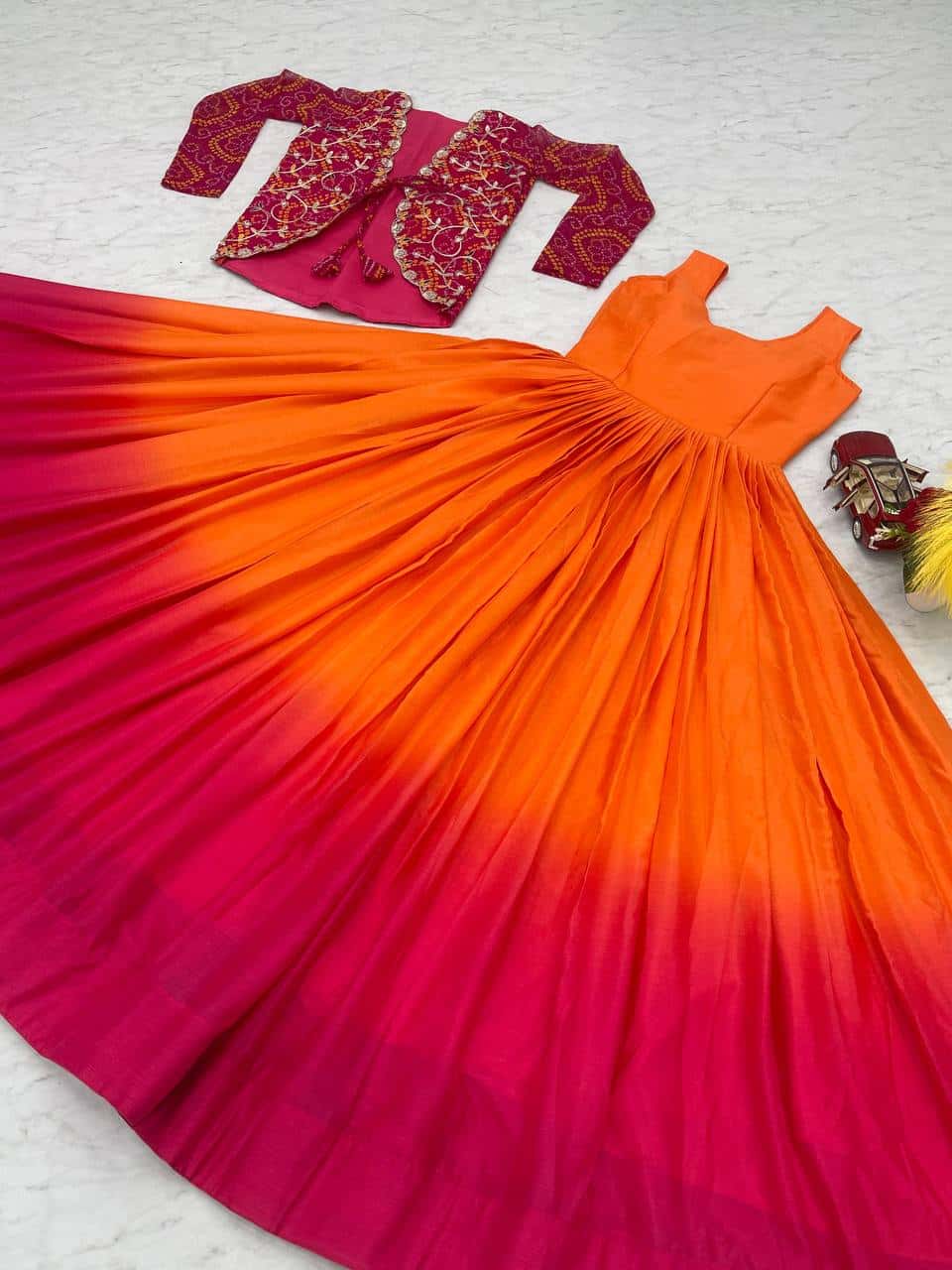 Designer silk gown with bandhej jacket for wedding wear