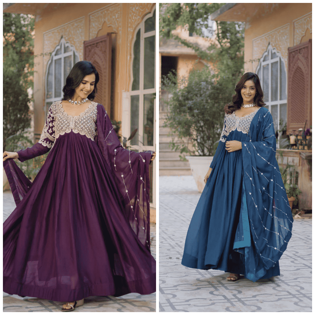 "Elegant Star Georgette Embroidered Gown with Beads, Sequins & Full Sleeves – Includes Dupatta"
