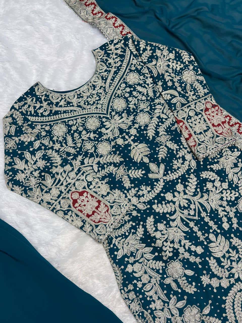 Elegant Heavy Faux Georgette Embroidered Top and Plazzo with and Dupatta Set