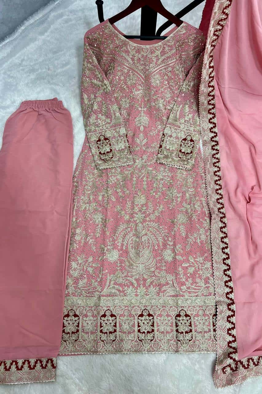Elegant Heavy Faux Georgette Embroidered Top and Plazzo with and Dupatta Set