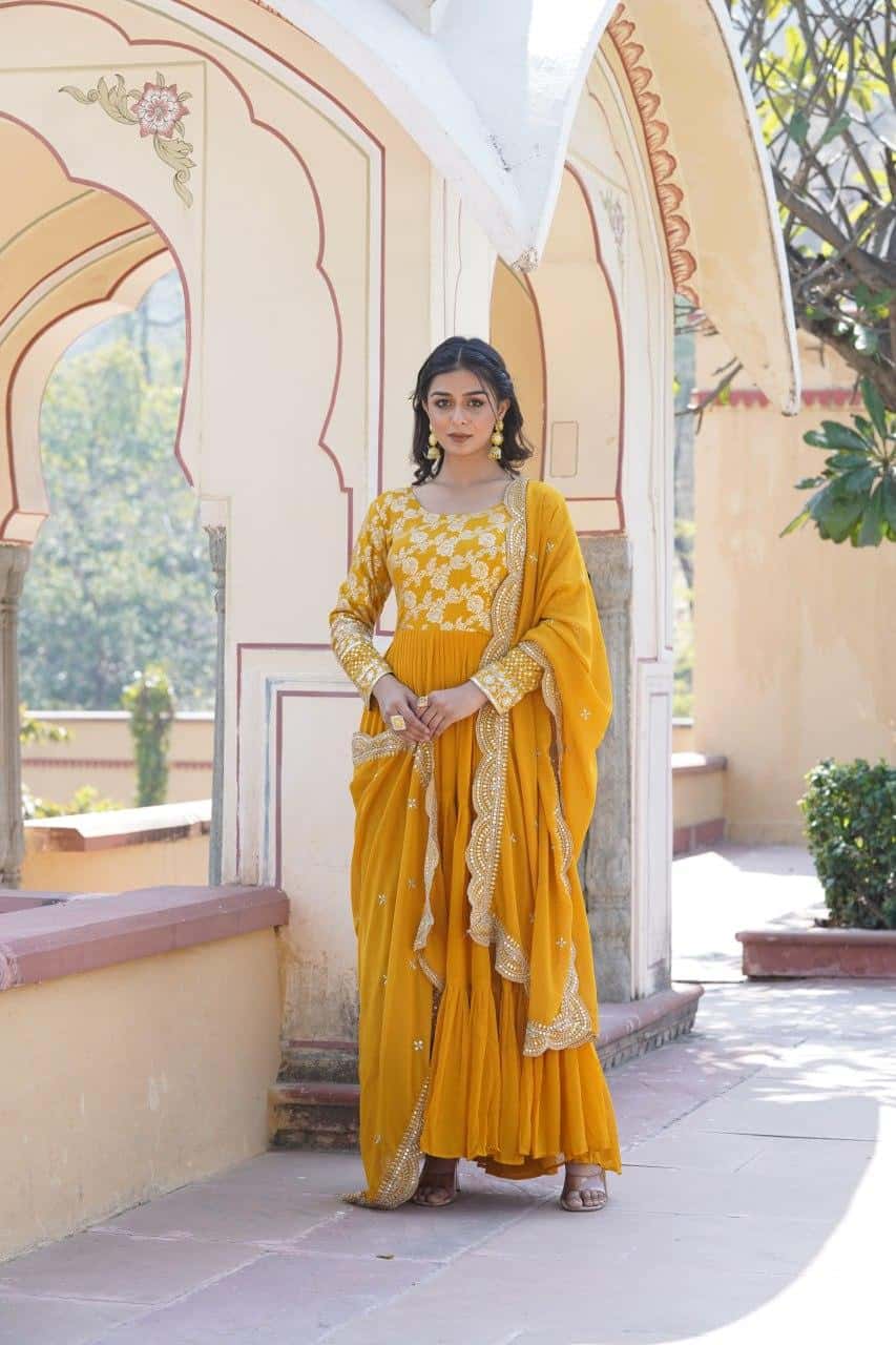 Faux Blooming Viscose Diable Jacquard with Sequins Gown with Dupatta