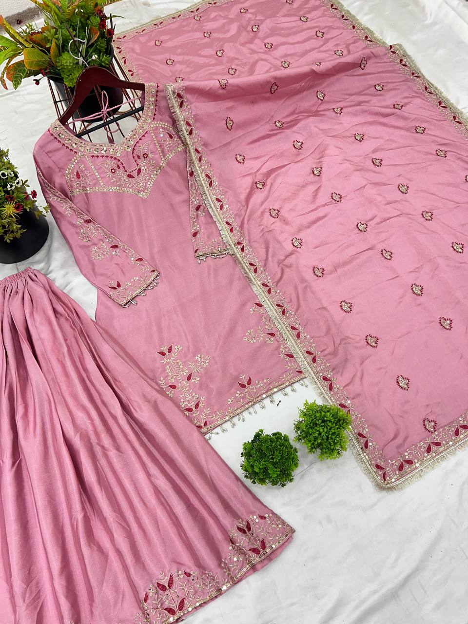 Designer silk readymade kurta palazzo with dupatta set