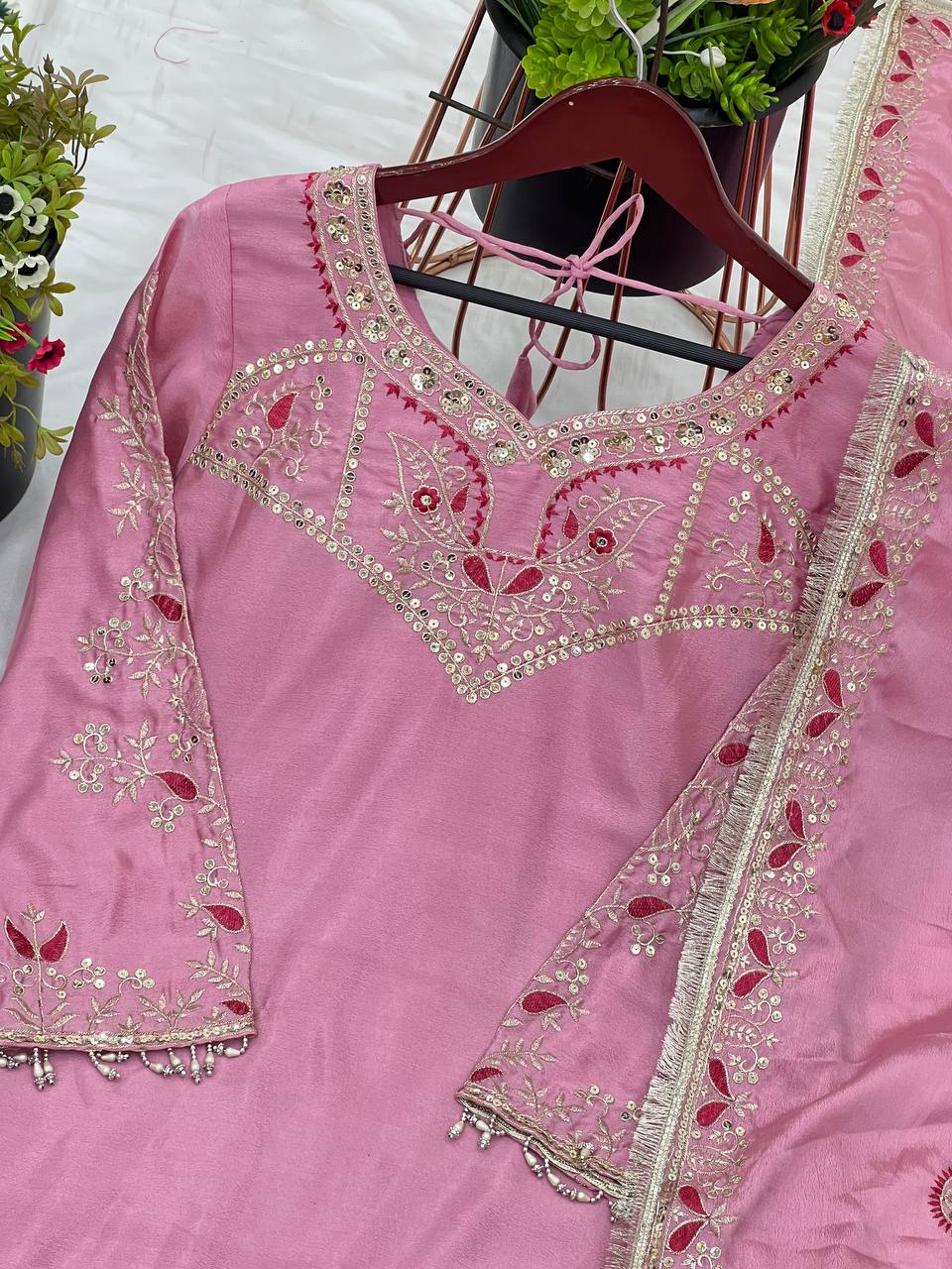 Designer silk readymade kurta palazzo with dupatta set