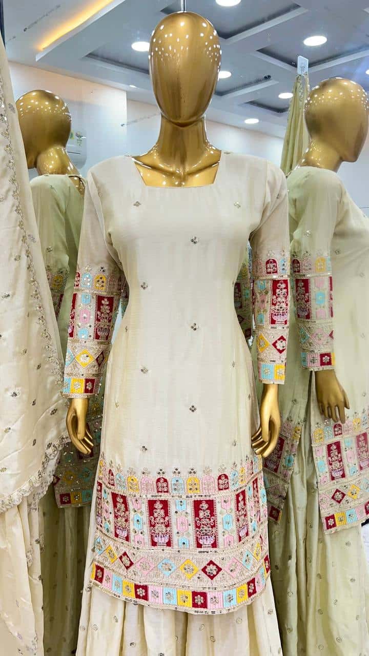 Presenting New Heavy Embroidery Sequence Work Top-Gharara And Dupatta Set Fully Stitched Ready To Wear Collection