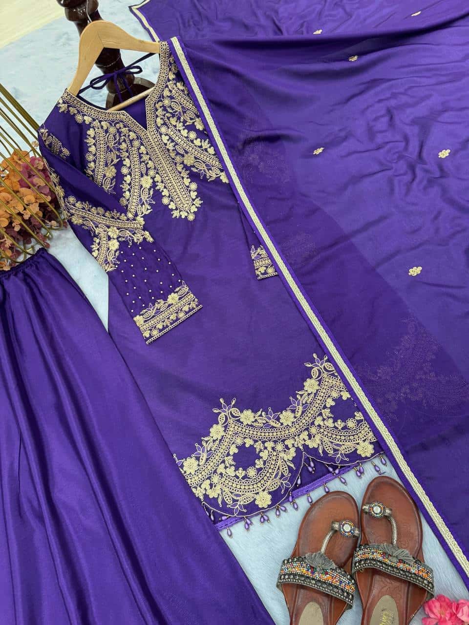 Heavy Chinon Silk with intricate 3mm sequin and coding dori embroidery suits