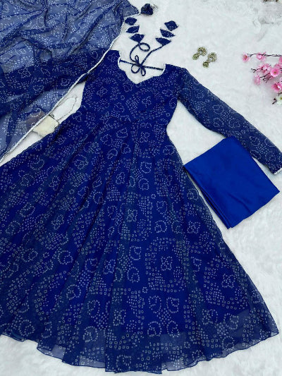 Blue Georgette Bandhani Print Anarkali Suit Set