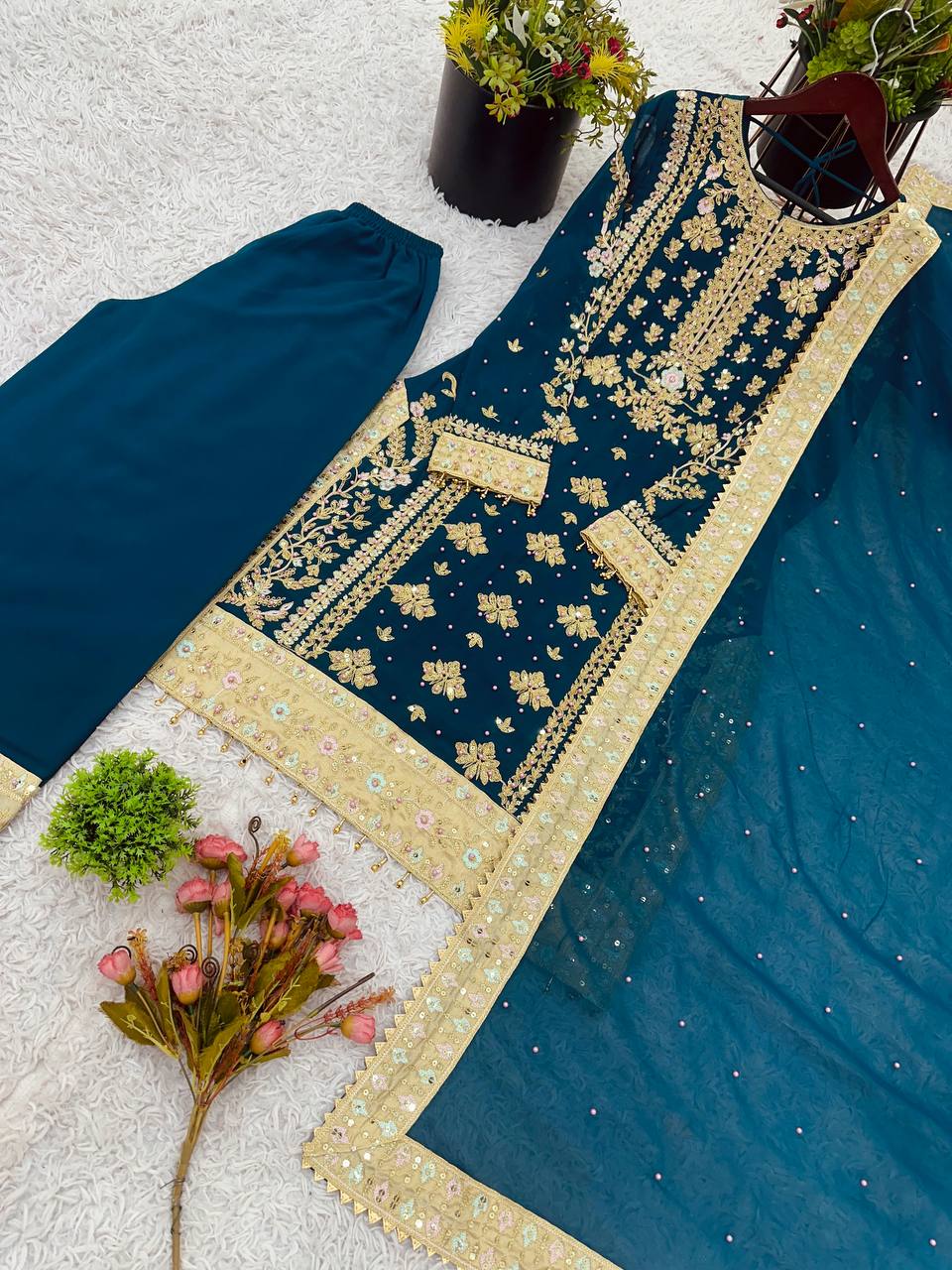 Wedding wear Heavy Georgette Embroidered Top Bottom Set with Dupatta