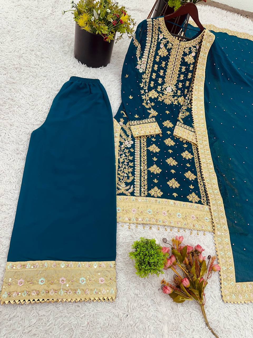 Wedding wear Heavy Georgette Embroidered Top Bottom Set with Dupatta
