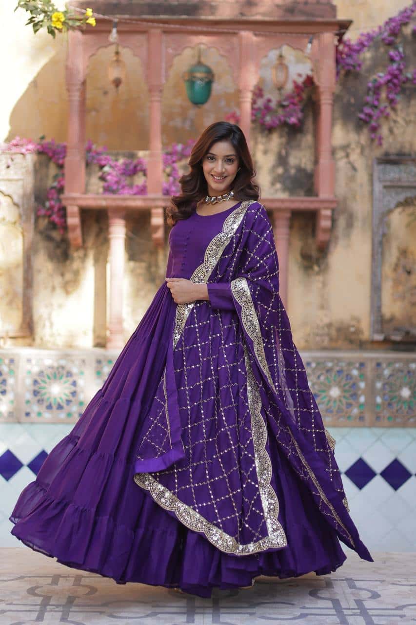 "Luxurious Star Georgette Gown with Full Sleeves and Sequins Dupatta"