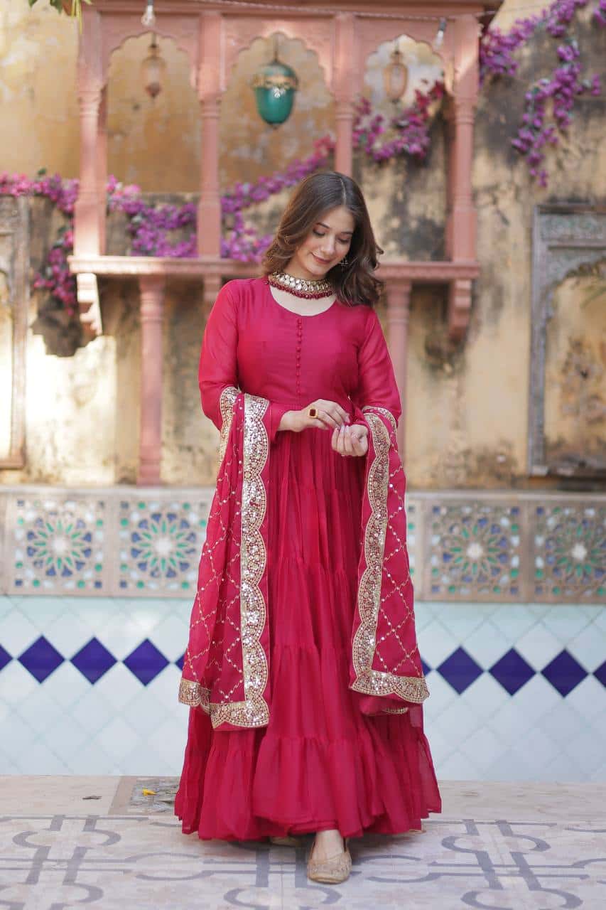 "Luxurious Star Georgette Gown with Full Sleeves and Sequins Dupatta"