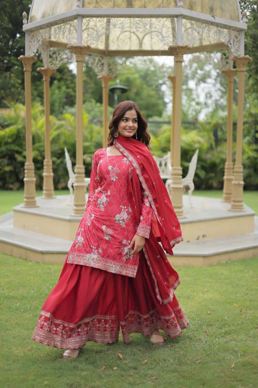 Designer beautiful printed and embroidered work chinnon silk kurta palazzo with dupatta set